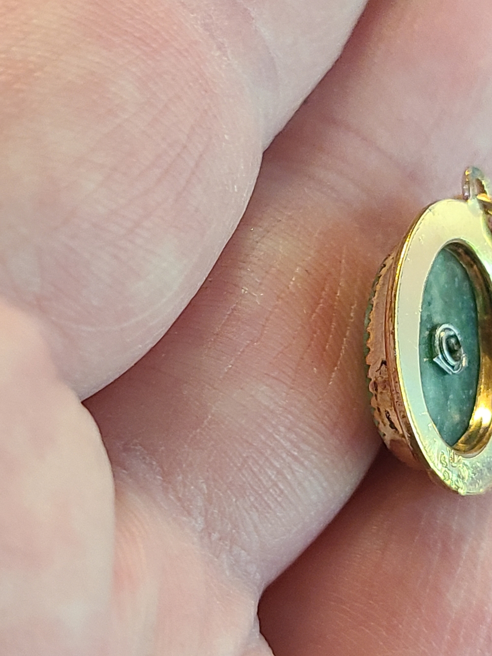 Antique Gold Green Stone Oval Pendant with Silver Accent - Picture 5 of 13